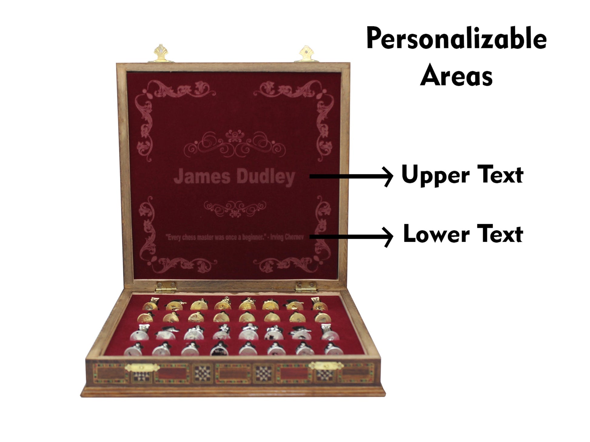 16.5 inch rosewood chess box set (open lid with customizable areas)