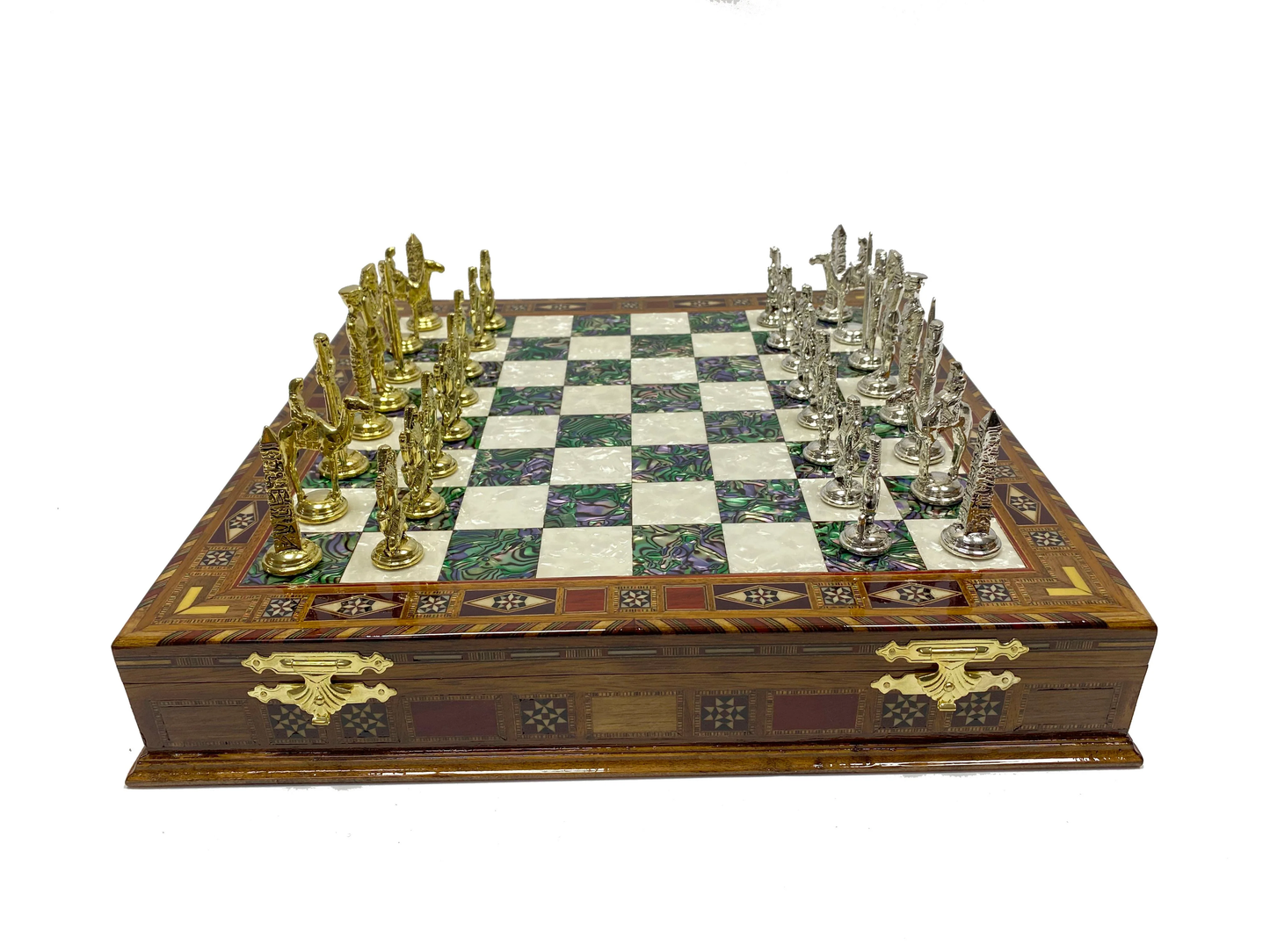 Customizable 16.5 Inch Rosewood Chess Box Set with Egyptian Chessmen (green squares)
