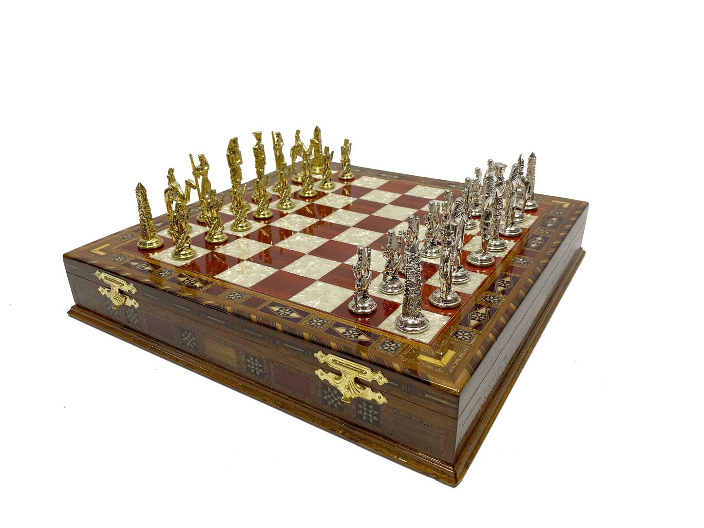 Customizable 16.5 Inch Rosewood Chess Box Set with Egyptian Chessmen (red squares)