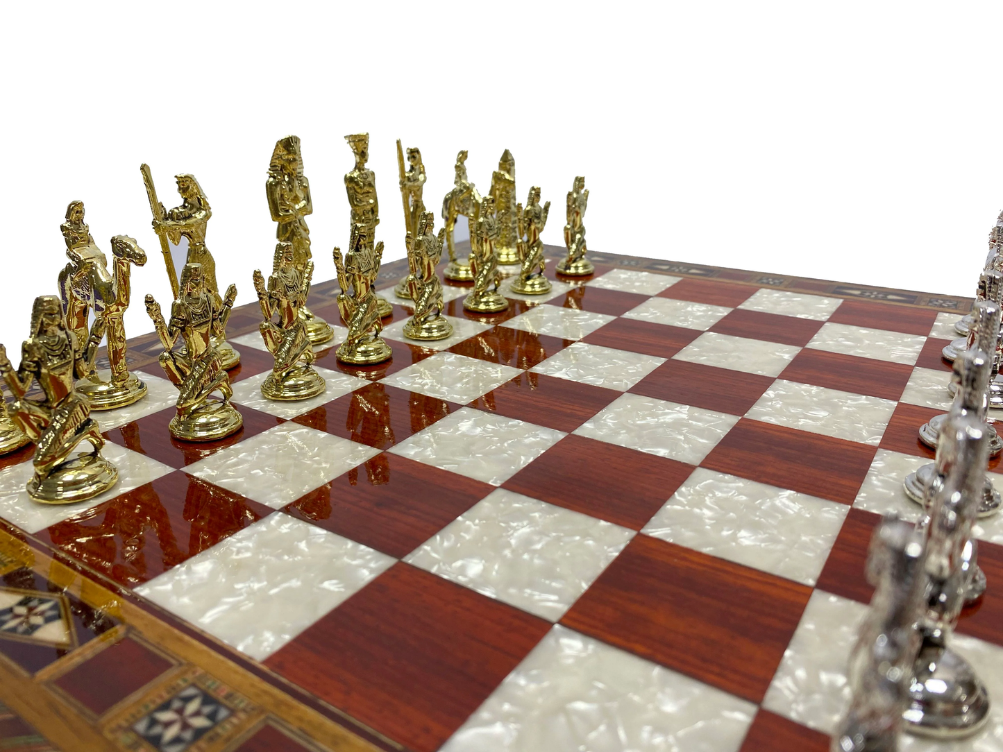 Customizable 16.5 Inch Rosewood Chess Box Set with Egyptian Chessmen (red squares)