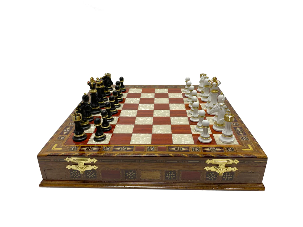 16.5 inch rosewood chess box set with legendary chessmen (red squares)