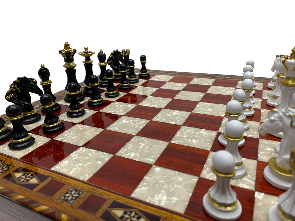 16.5 inch rosewood chess box set with legendary chessmen (red squares)