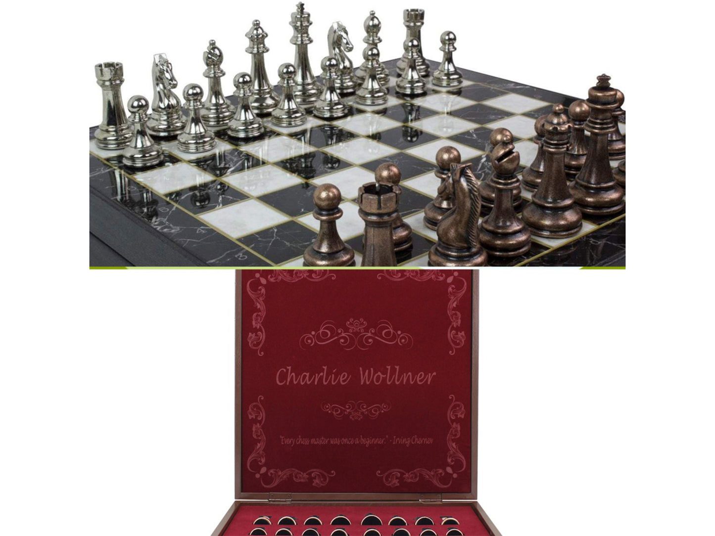 Marble Patterned Chess Box Set with Bronze & Silver Colored Metal Staunton Chessmen (customized inside)