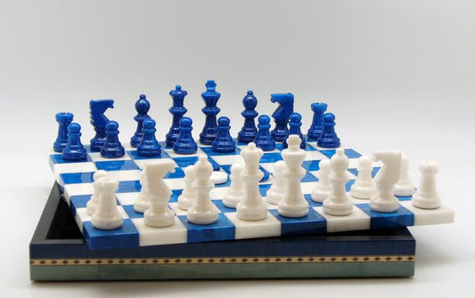 13.5 inch Alabaster Chess/Checkers Chest Chess Set with Wood Frame (Blue/White)