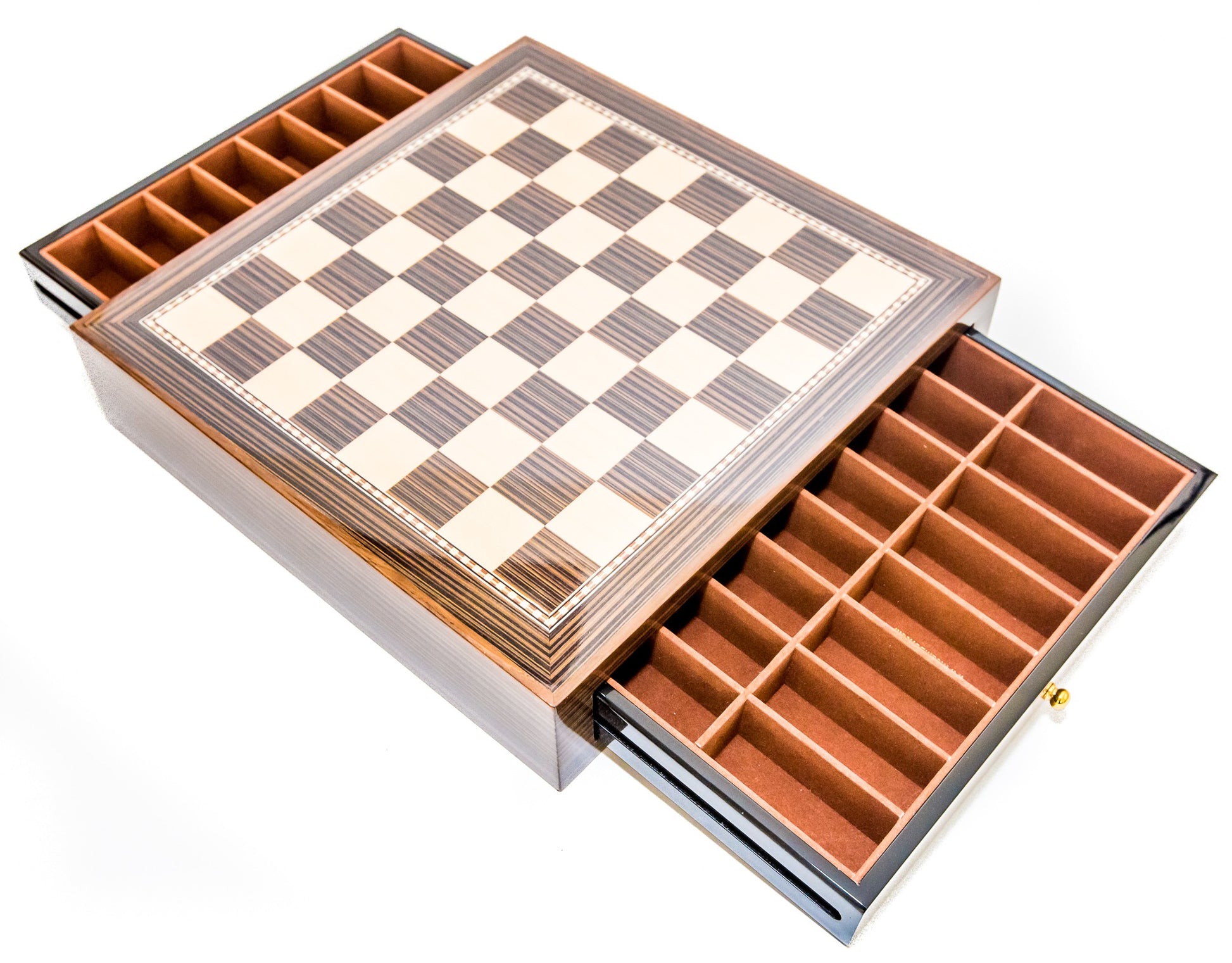 15.5 inch Deluxe Chess Board Case with Storage (1 9/16 Inch Squares) open
