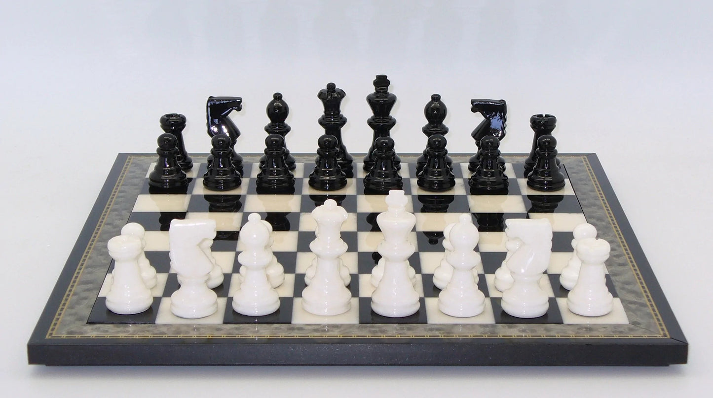 15 inch Scali Alabaster Chess Set in Wood Frame (Black & White)