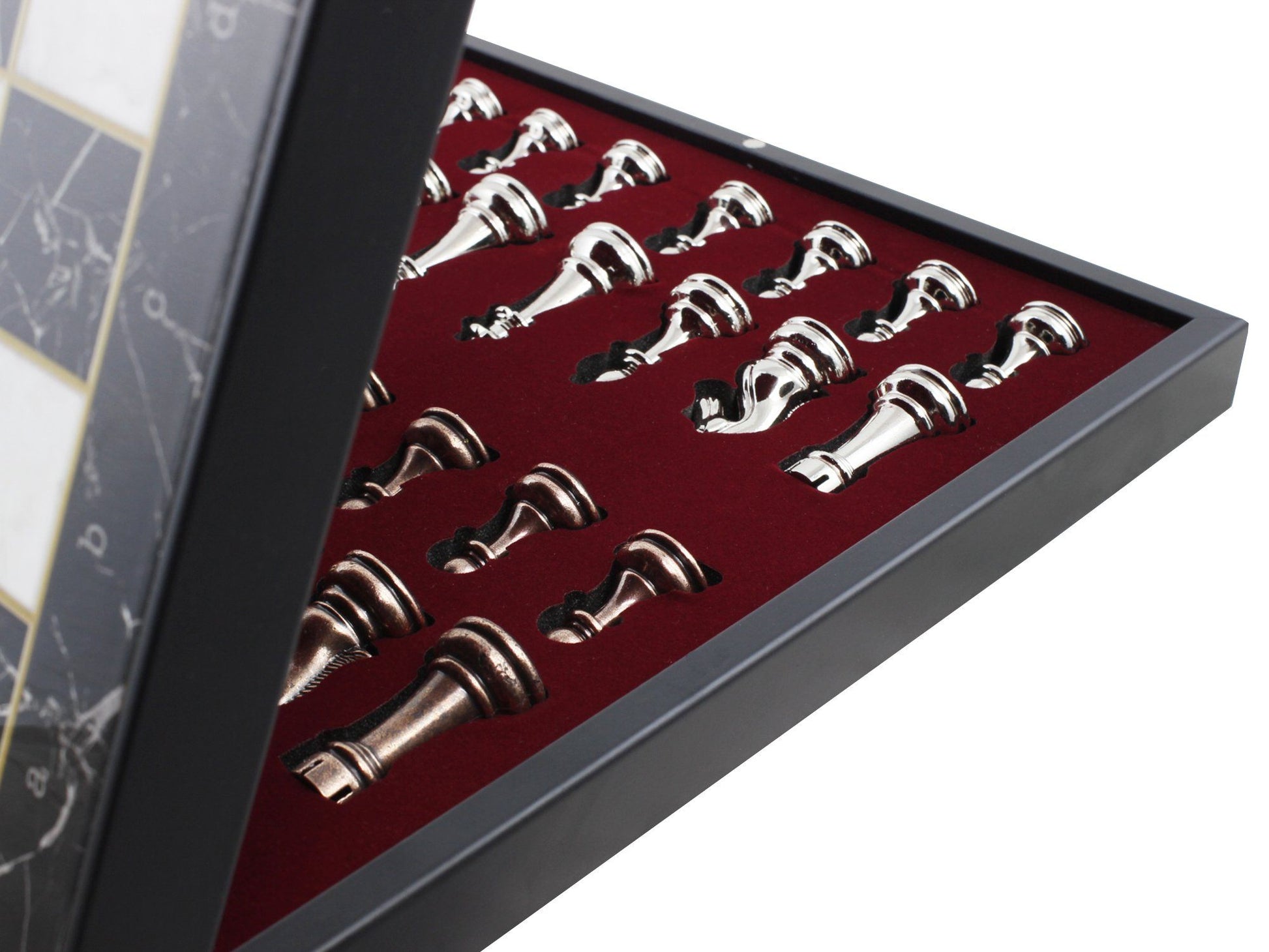 Marble Patterned Chess Box Set with Bronze & Silver Colored Metal Staunton Chessmen (box open)