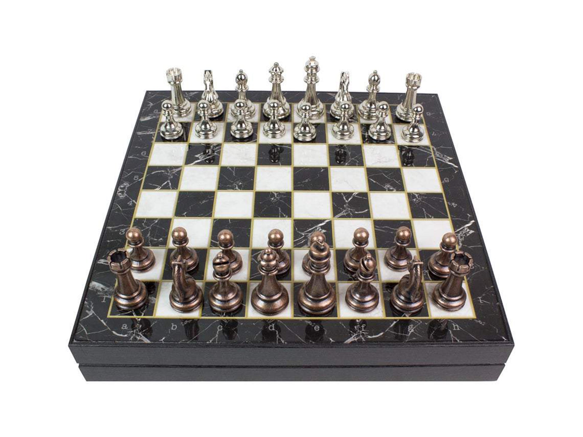 Marble Patterned Chess Box Set with Bronze & Silver Colored Metal Staunton Chessmen