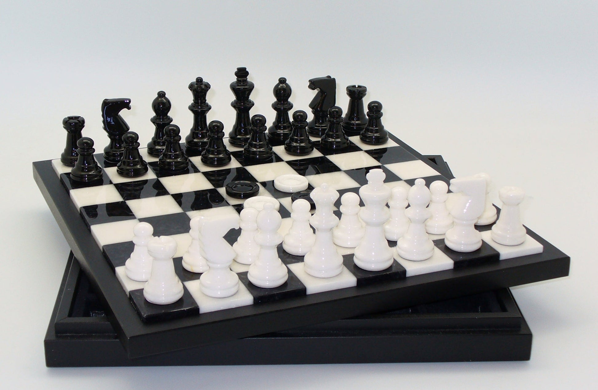 14 inch Alabaster Chest Chess Set with Checkers (Black & White) open