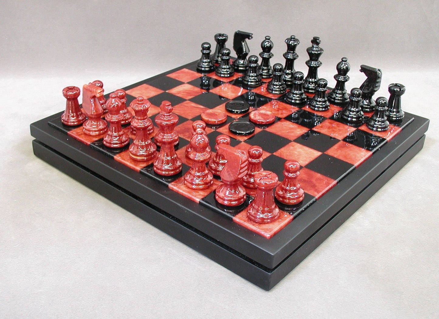 14 inch Alabaster Chest Chess Set with Checkers (Black & Red)