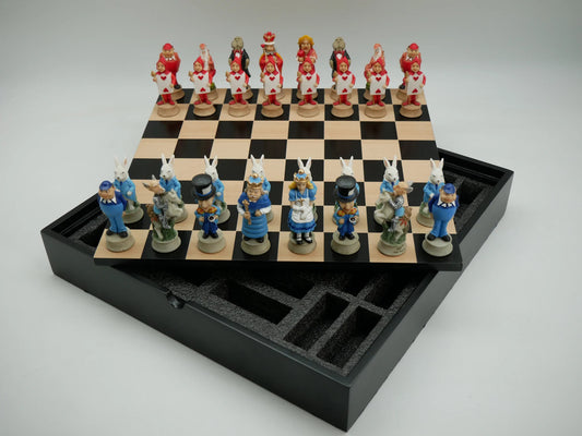 Alice in Wonderland Chessmen on Black/Maple Chest Chess Set