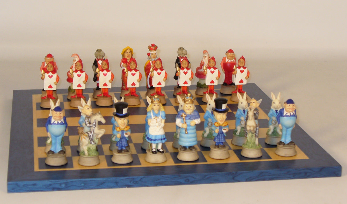 Alice in Wonderland Chessmen on Blue & Tan Board Chess Set