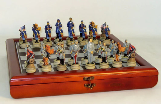 American Civil War Generals Chessmen on Cherry Stained Chest Chess Set