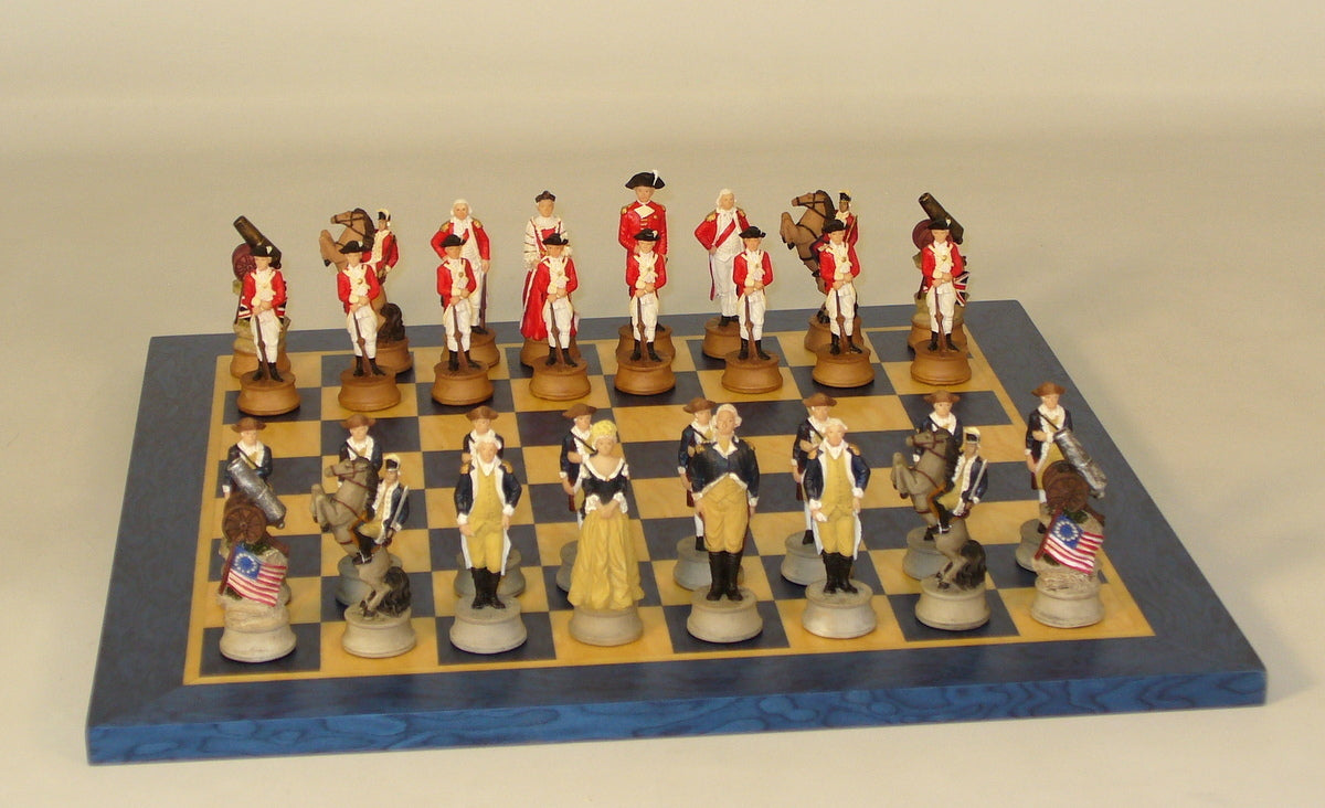 American Revolution Chessmen on Blue/Tan Board Chess Set