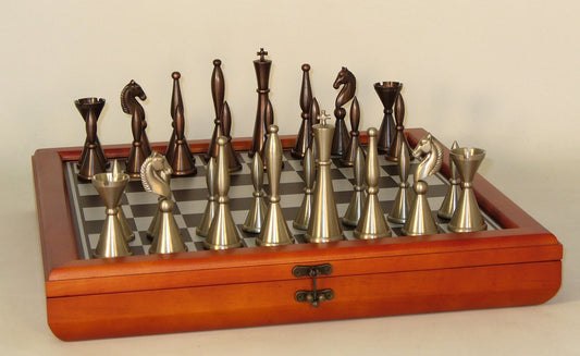 Brass Art Deco Chessmen on 15.5 inch Cherry Stained Chest Chess Set