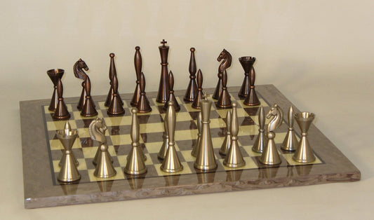 Brass Art Deco Chessmen on Grey Briar Board Chess Set