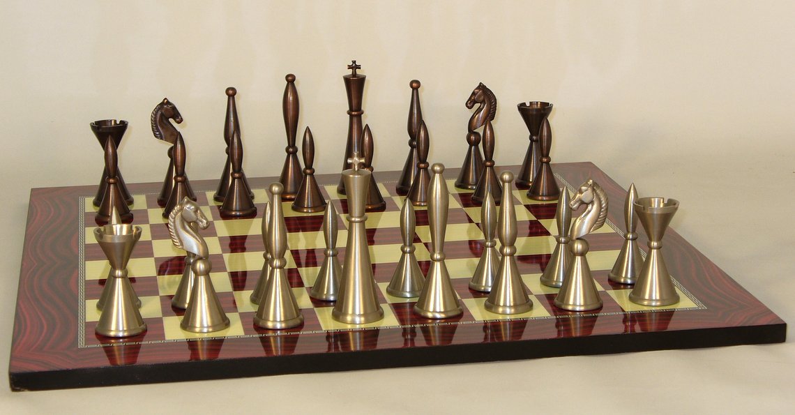 Brass Art Deco Chessmen on Red Grain Decoupage Board Chess Set
