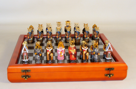 Cats & Dogs Chessmen on Cherry Stained Chest Chess Set
