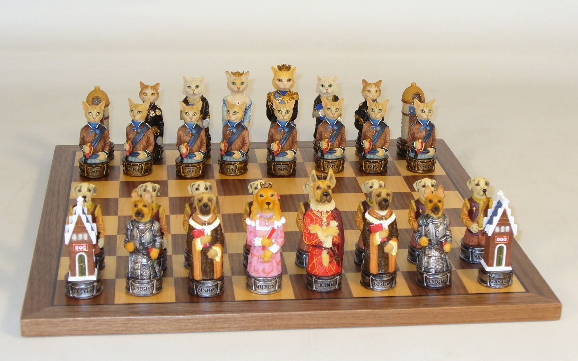 Cats & Dogs Chessmen on Walnut/Maple Board Chess Set