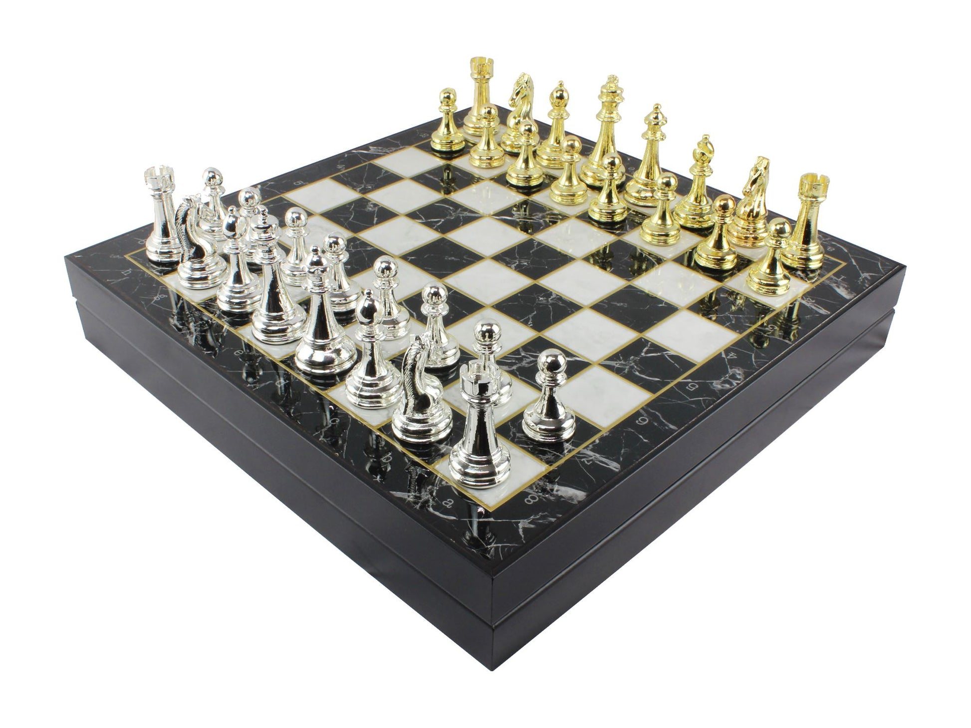 Luxury Marble Patterned Chess Box Set with Gold & Silver Colored Metal Staunton Chessmen