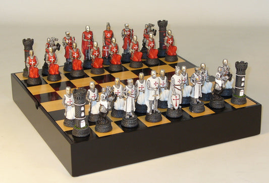 Crusades Templar Knights Chessmen on Black/Maple Chest Chess Set