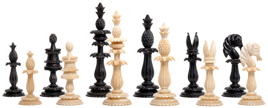 Lund Anglo-Indian Reproduction Luxury Bone Chess Pieces black and natural