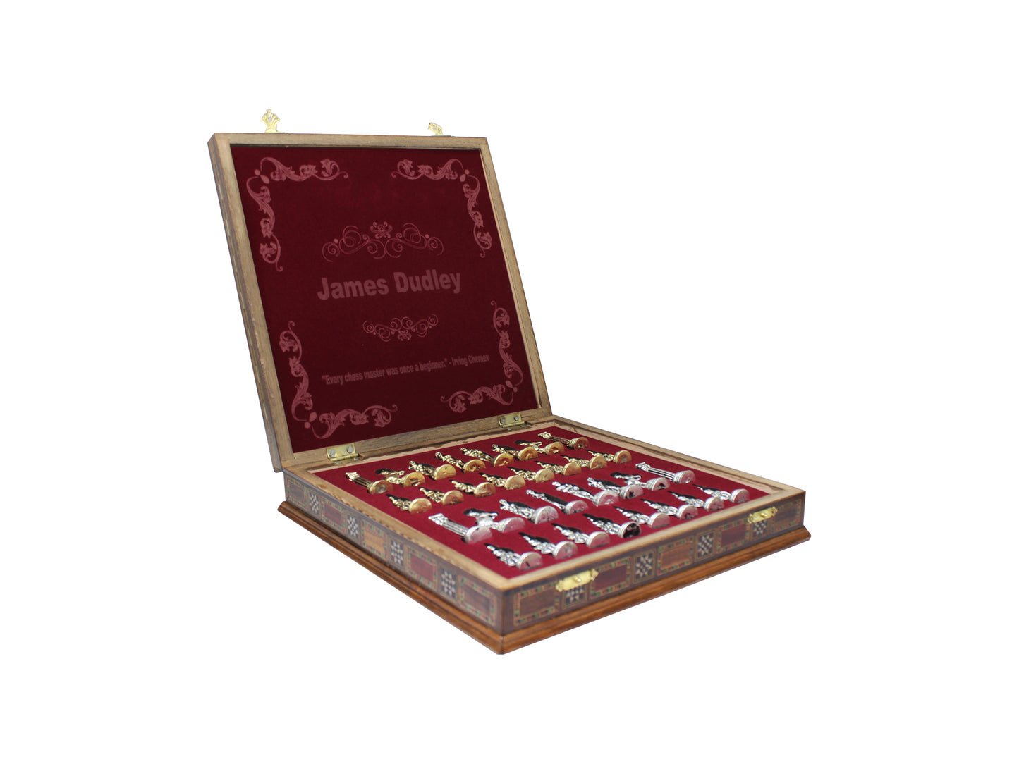 Customized 10.8 Inch Rosewood Chess Box Set with Metal Roman Soldier Theme Pieces inside