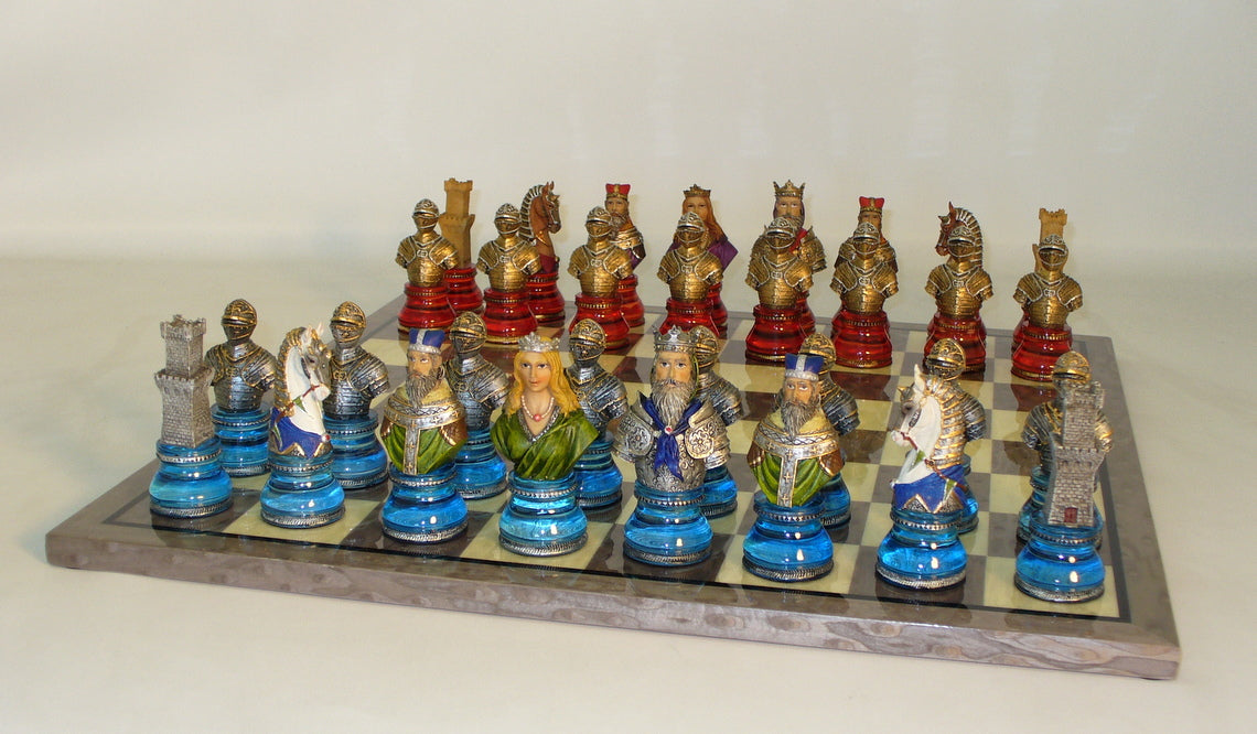 Painted Camelot Busts Acrylic Chessmen on Grey Briar Board Chess Set