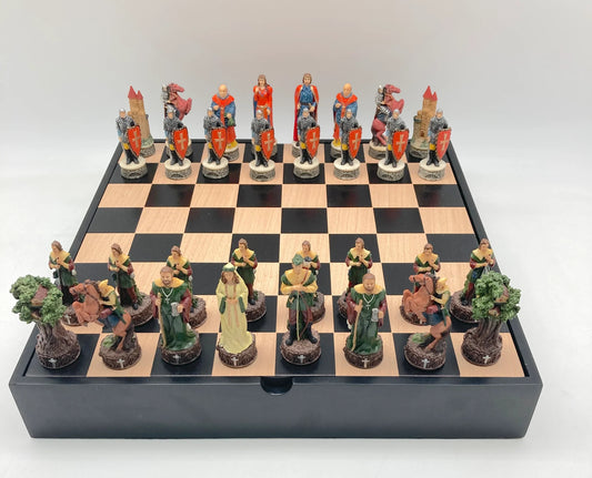 Robin Hood Chessmen on Black/Maple Chest Chess Set