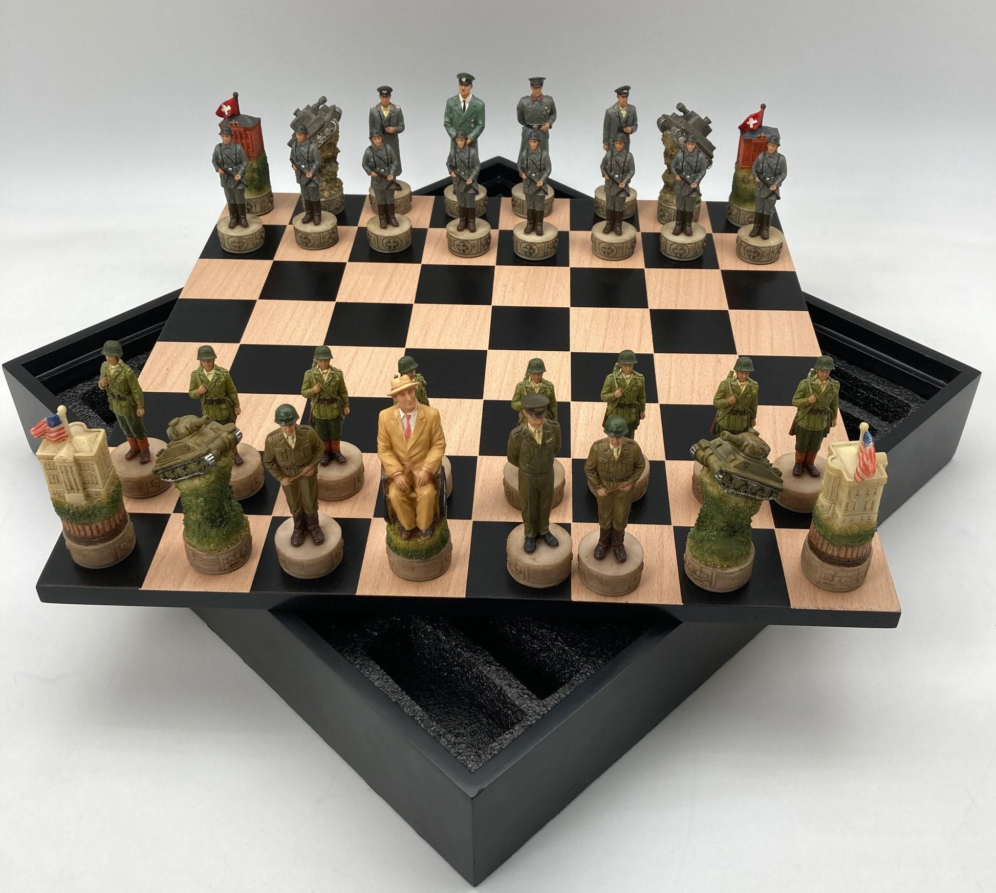 WWII USA vs Germany Chessmen on Black/Maple Chest Chess Set