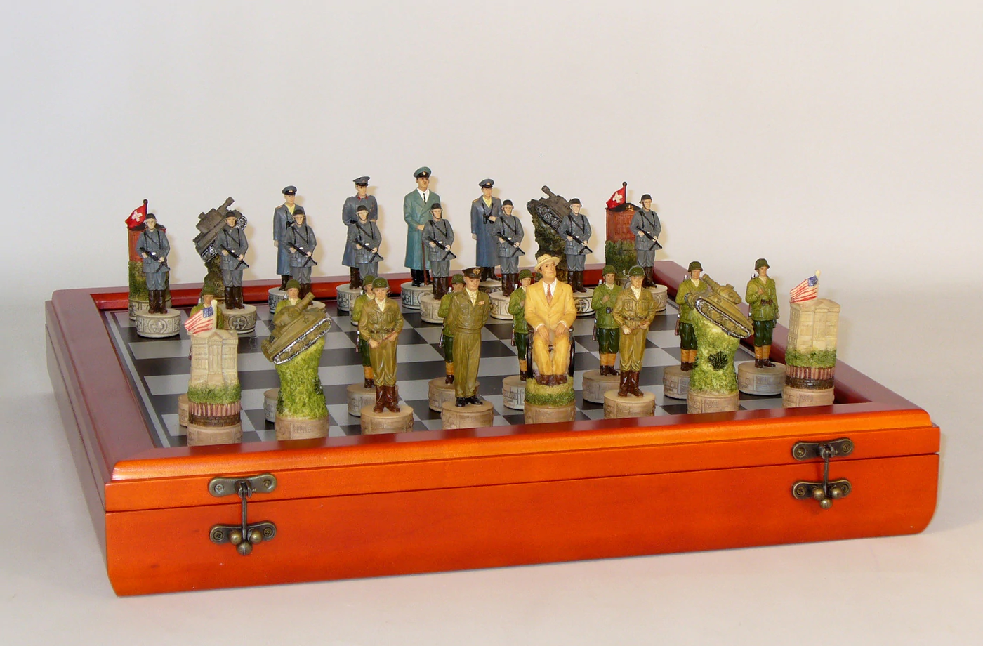 WWII USA vs Germany Chessmen on Cherry Stained Chest Chess Set