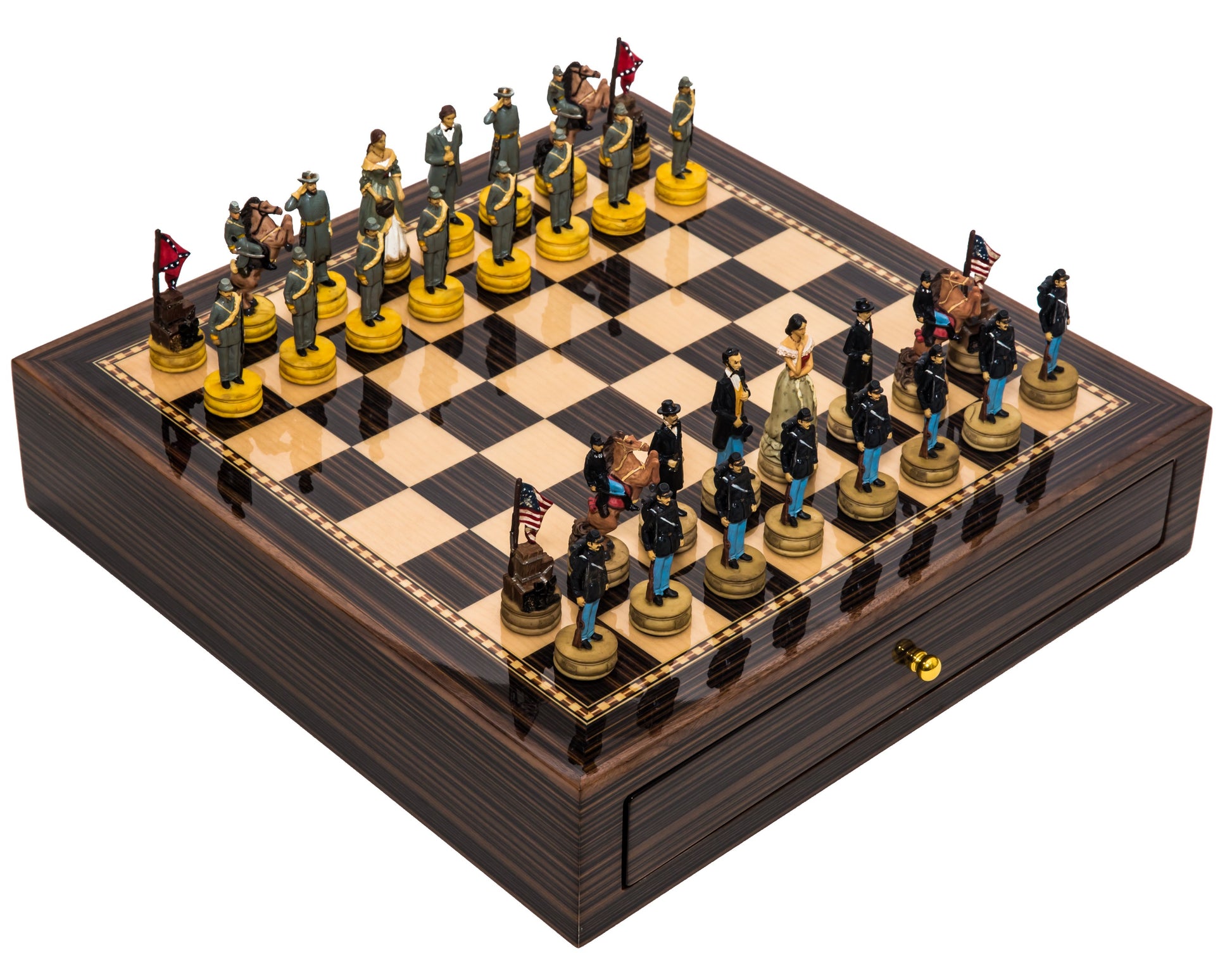 American Civil War Themed Chessmen & Deluxe Board Case Chess Set