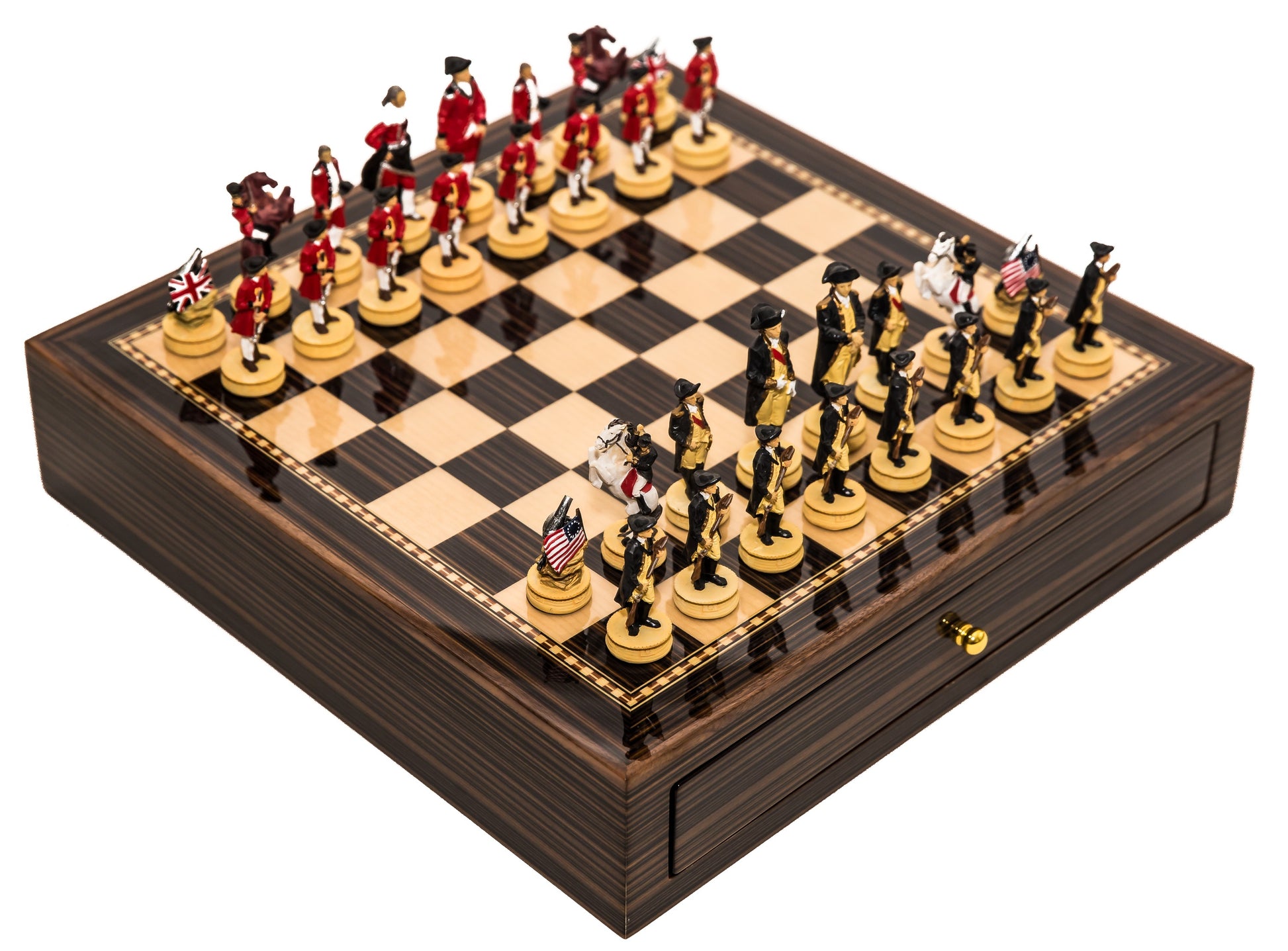 American War of Independence Themed Chessmen & Deluxe Board Case Chess Set