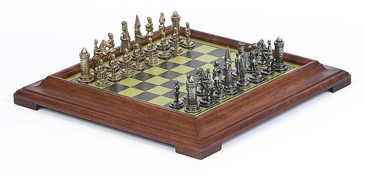 Brass Camelot Themed Chessmen & Classic Pedestal Board Chess Set