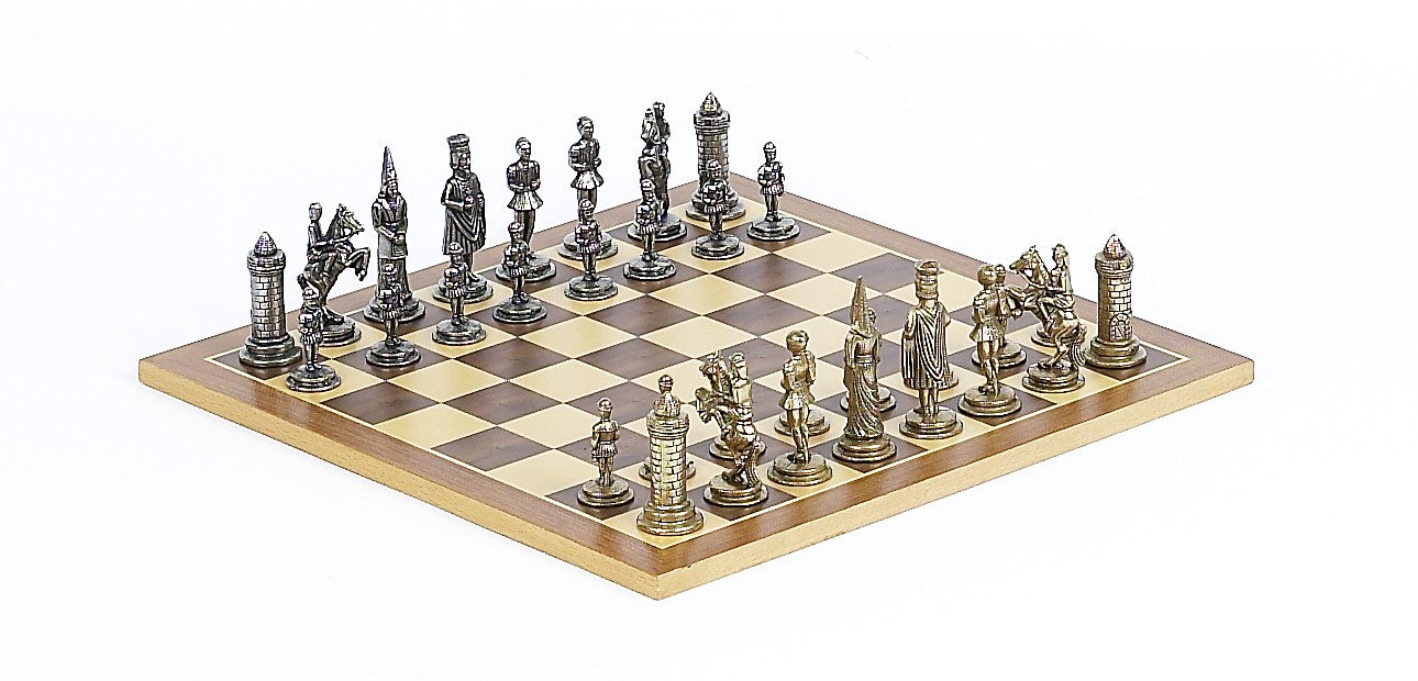 Brass Camelot Themed Chessmen & Inlaid Wood Board Chess Set