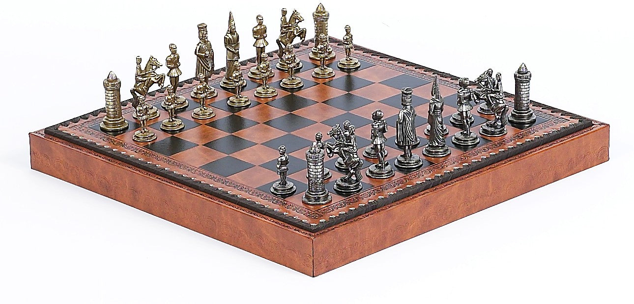 Brass Camelot Themed Chessmen & Brown Leatherette Cabinet Board Chess Set