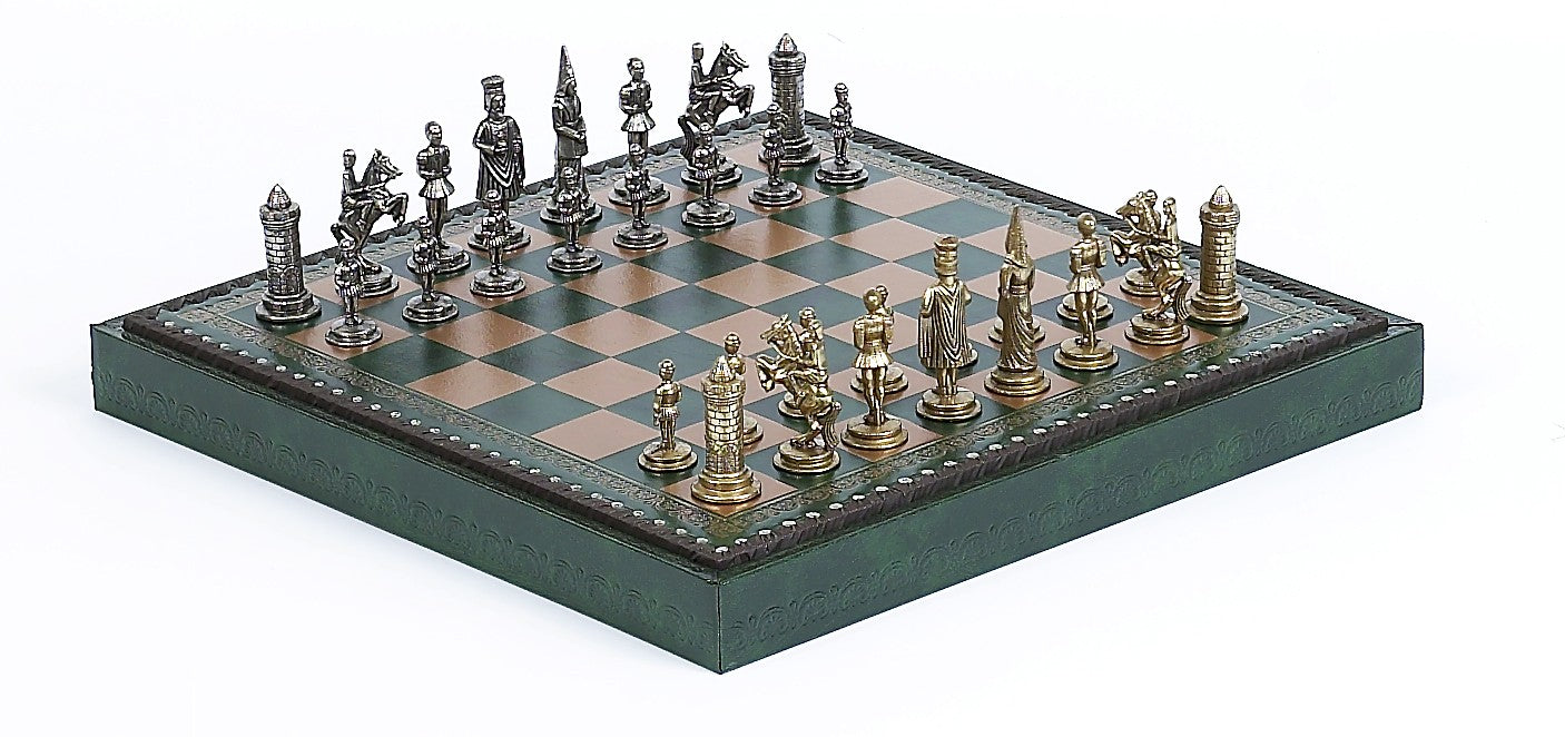 Brass Camelot Themed Chessmen & Green Leatherette Cabinet Board Chess Set