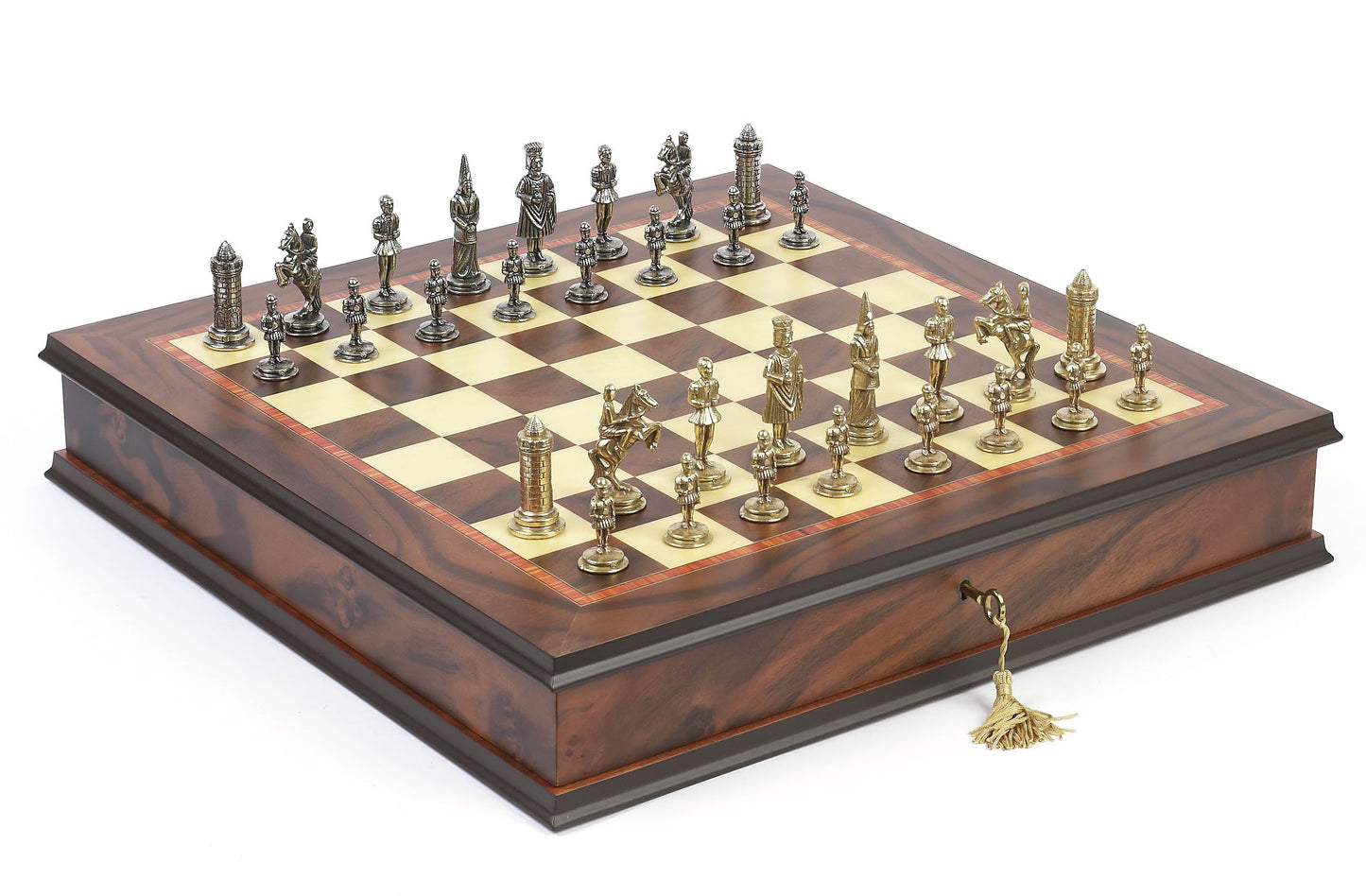 Brass Camelot Themed Chessmen & The Ultimate Board/Cabinet Chess Set