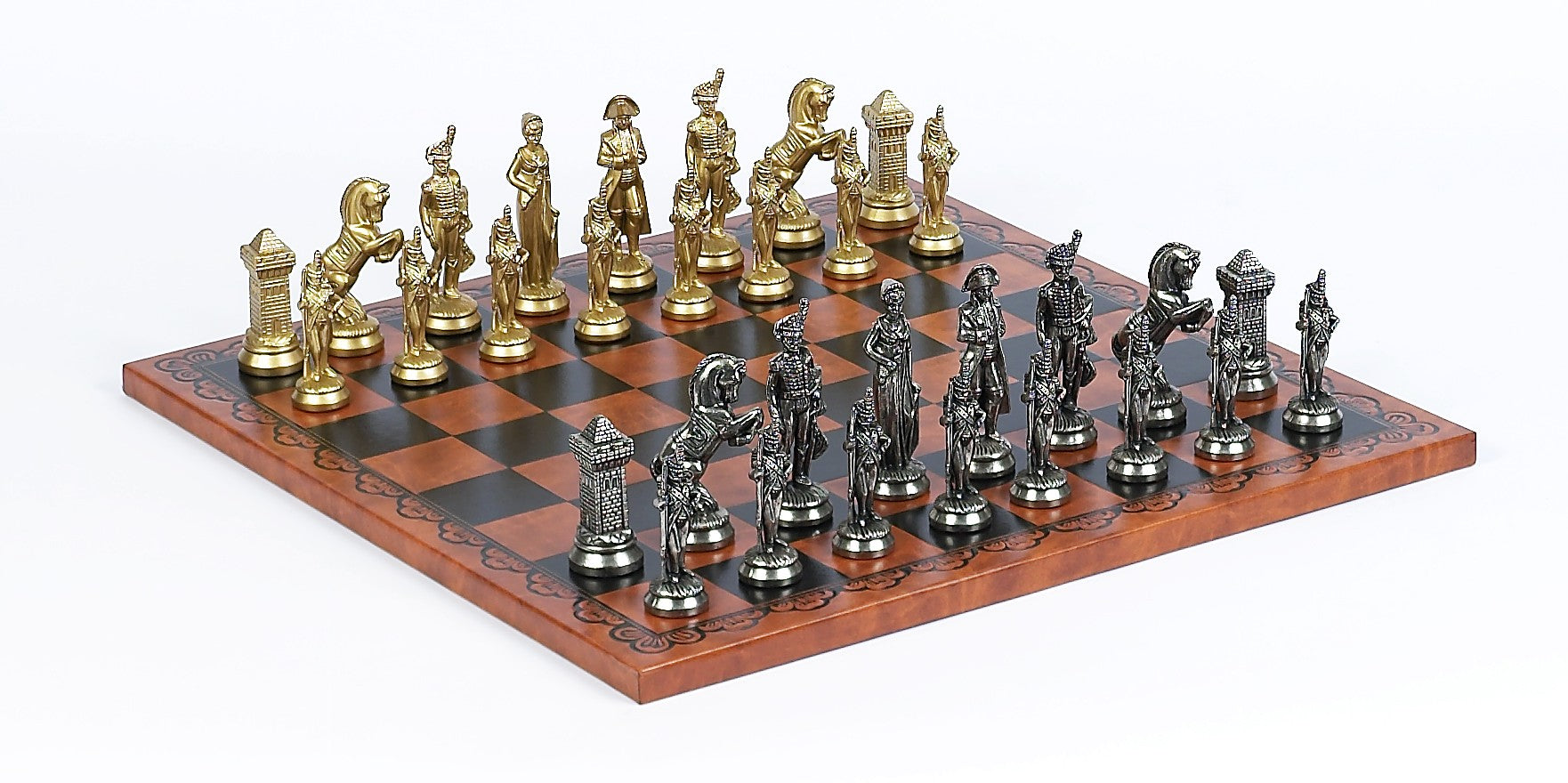 Brass Napoleon Themed Chessmen & Tooled Leatherette Board Chess Set