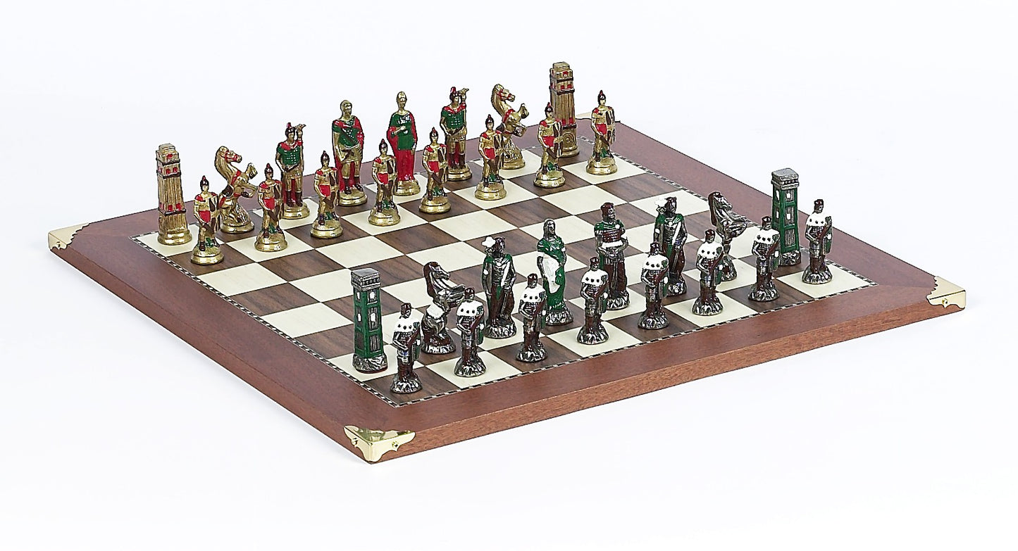 Painted Brass Romans vs Barbarians Themed Chessmen & Champion Board Chess Set