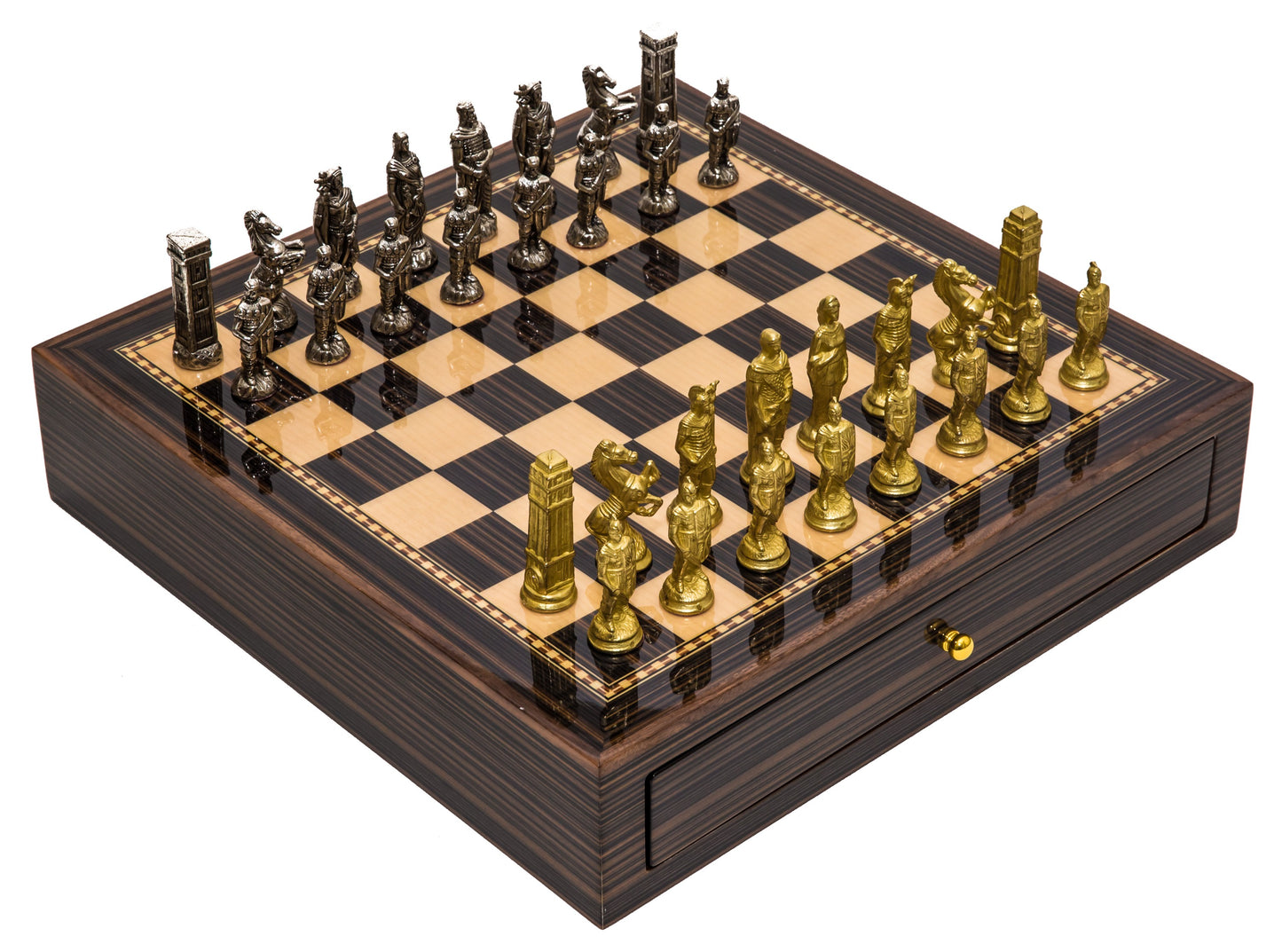 Silver-plated Brass Romans vs Barbarians Themed Chessmen & Deluxe Board Case Chess Set