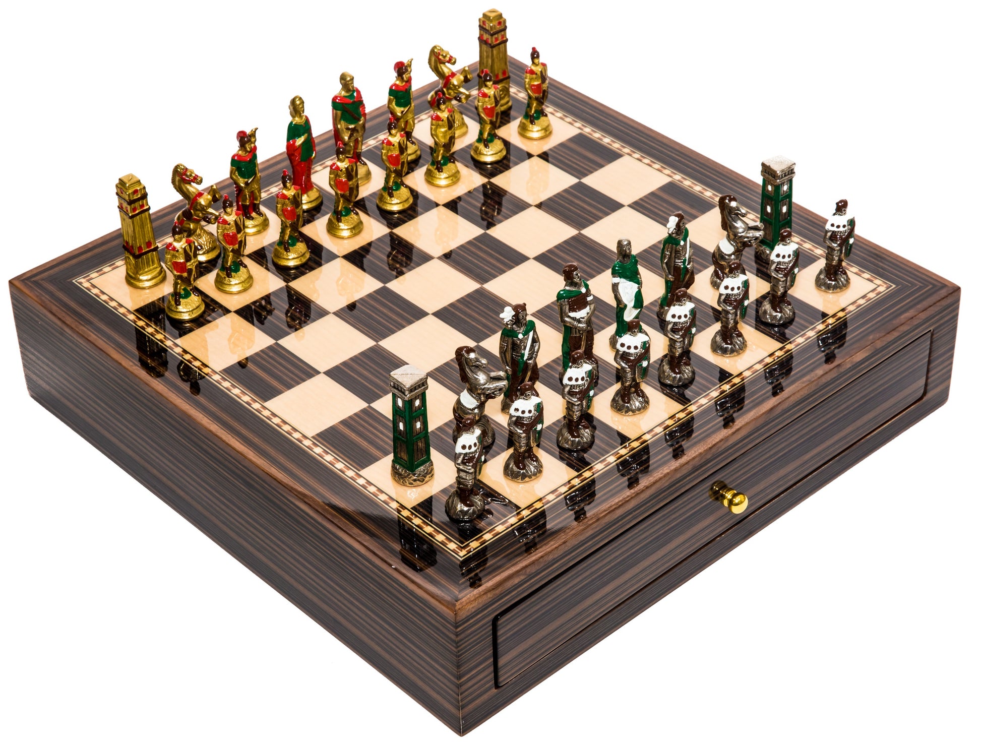 Painted Silver-plated Brass Romans vs Barbarians Themed Chessmen & Deluxe Board Case Chess Set