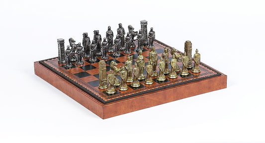 Brass Romans vs Barbarians Themed Chessmen & Brown Leatherette Cabinet Board Chess Set