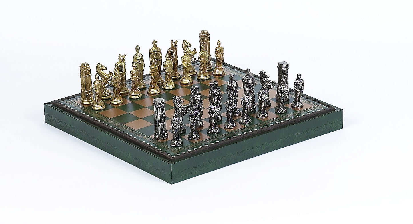 Brass Romans vs Barbarians Themed Chessmen & Green Leatherette Cabinet Board Chess Set