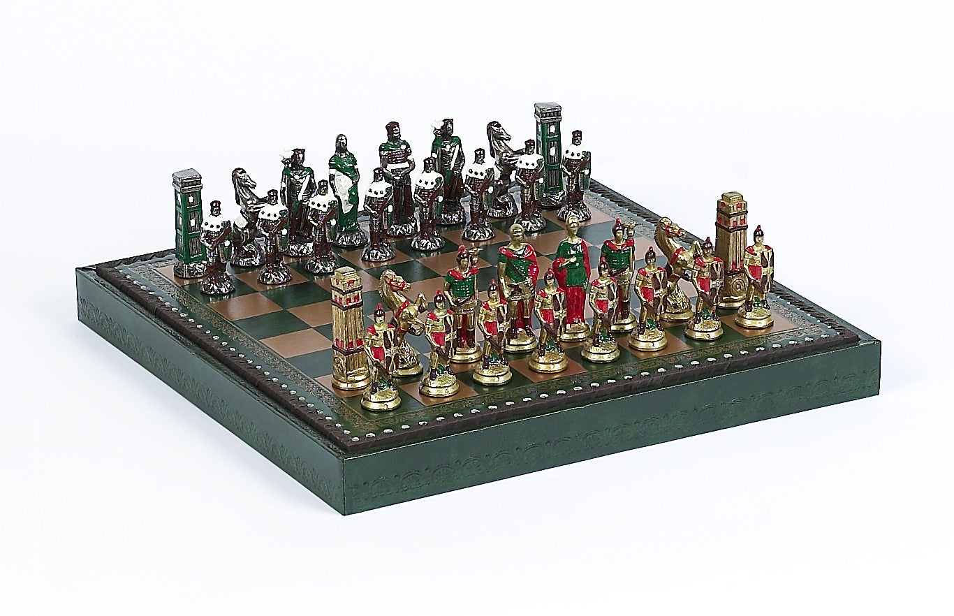 Painted Brass Romans vs Barbarians Themed Chessmen & Green Leatherette Cabinet Board Chess Set