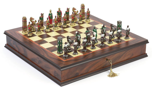Brass Romans vs Barbarians Themed Chessmen & Ultimate Board/Cabinet Chess Set