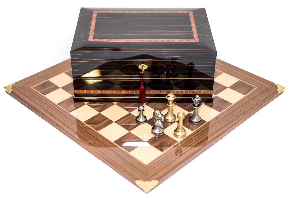 Brass Staunton Chessmen & Master Board Chess Set with Milano Chess Storage Box