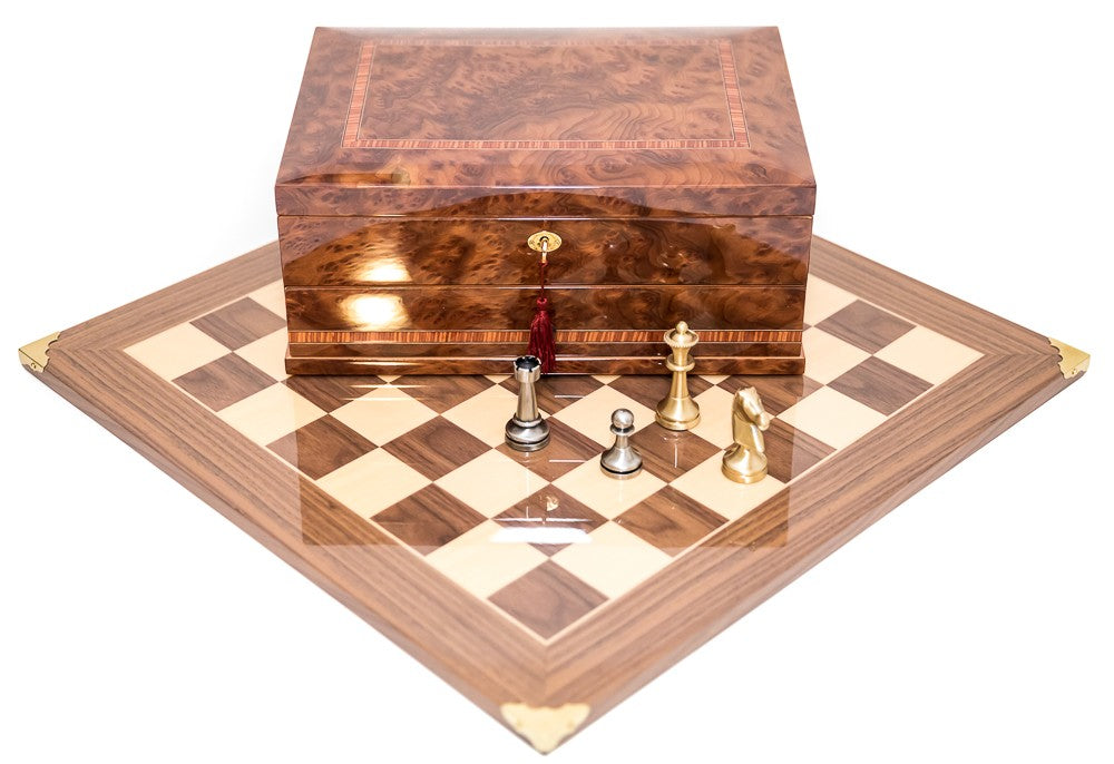 Brass Staunton Chessmen & Master Board with Napoli Chess Storage Box