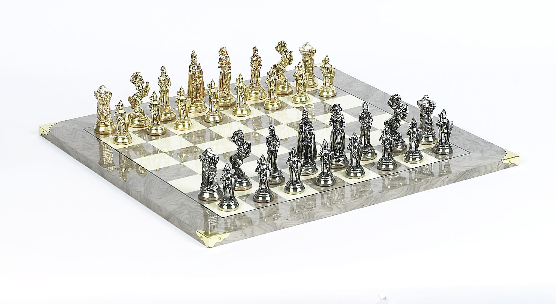 Brass Victorian Chessmen & Superior Board Chess Set