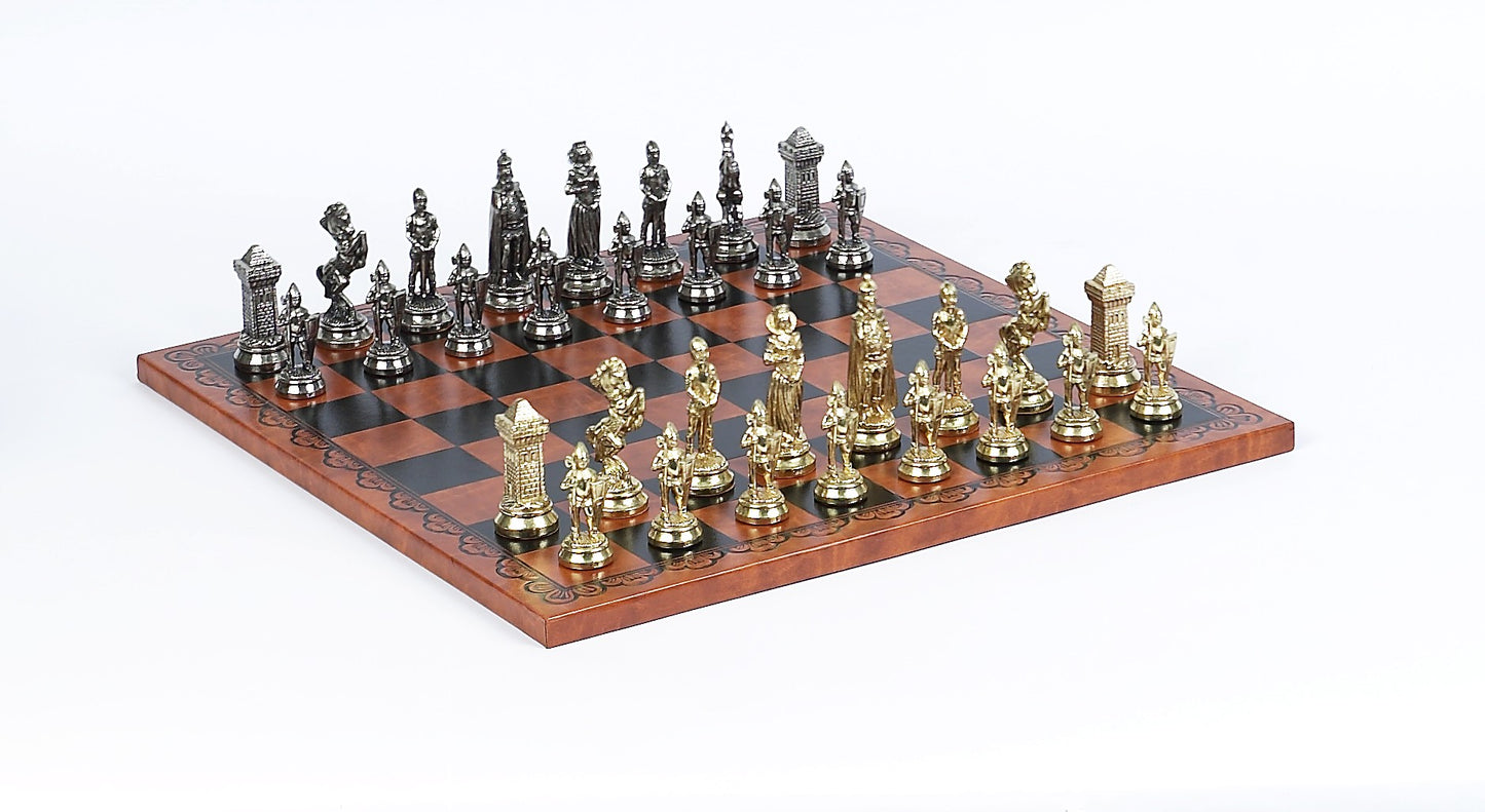 Brass Victorian Chessmen & Tooled Leatherette Board Chess Set